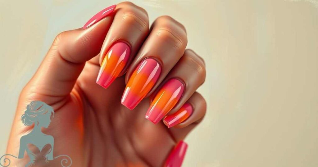 Glossy Pink & Orange Summer Nails