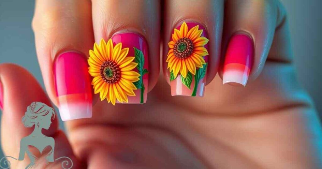 Hot Pink Sunflower Nail Art